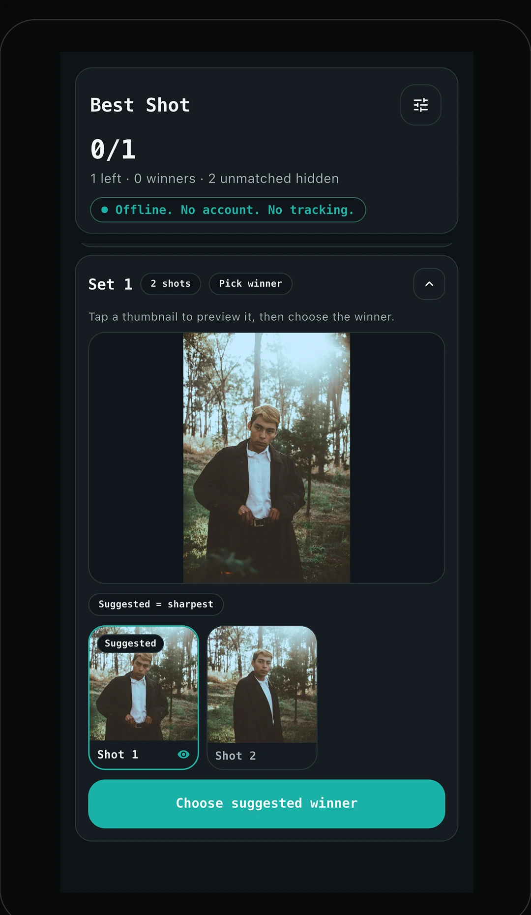 Best Shot comparison screen with a suggested sharp frame and manual controls.