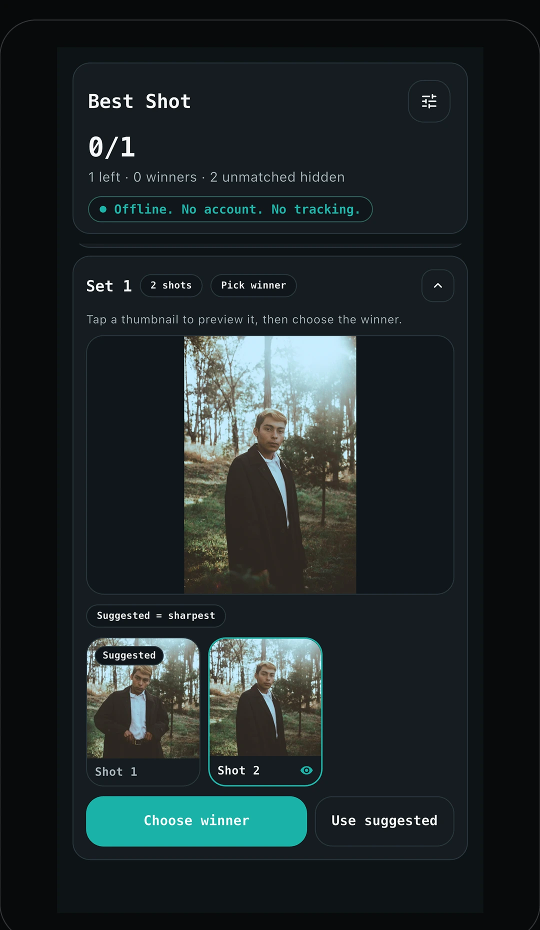 Best Shot comparison view showing thumbnails and zoomable candidate images.