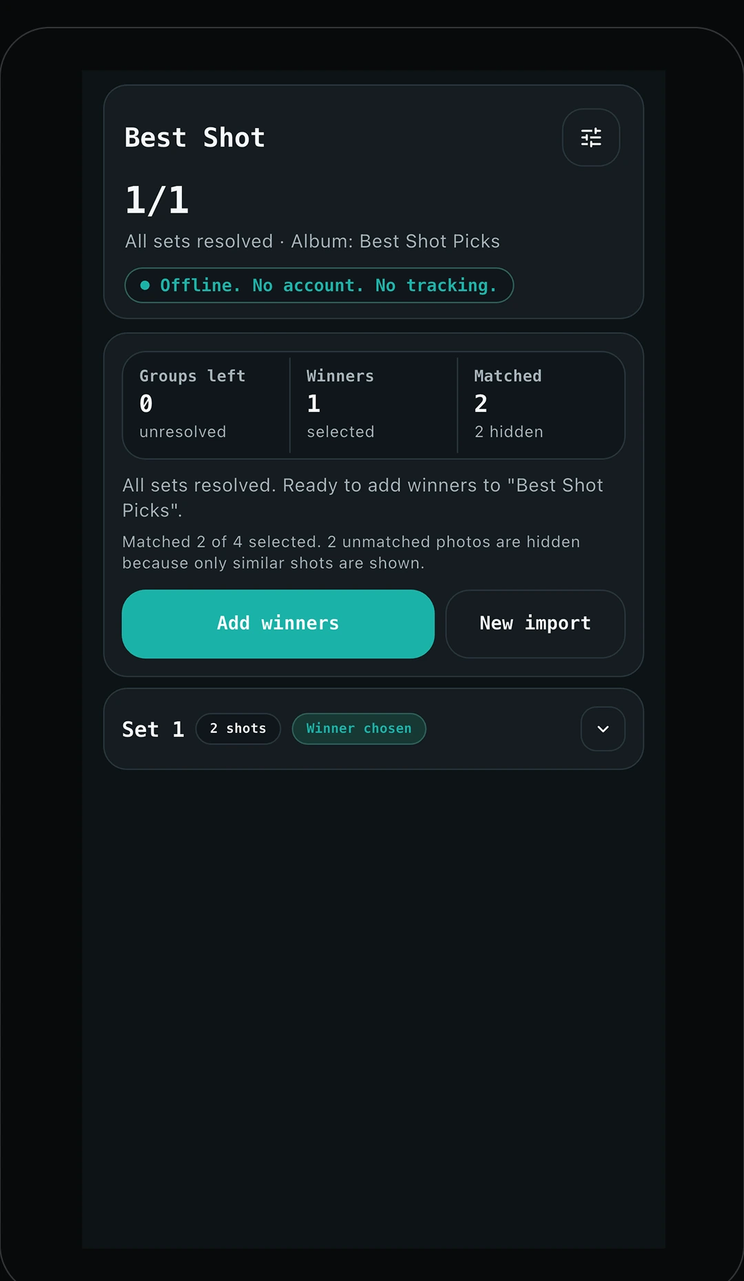 Best Shot review summary showing a resolved set with one winner selected.