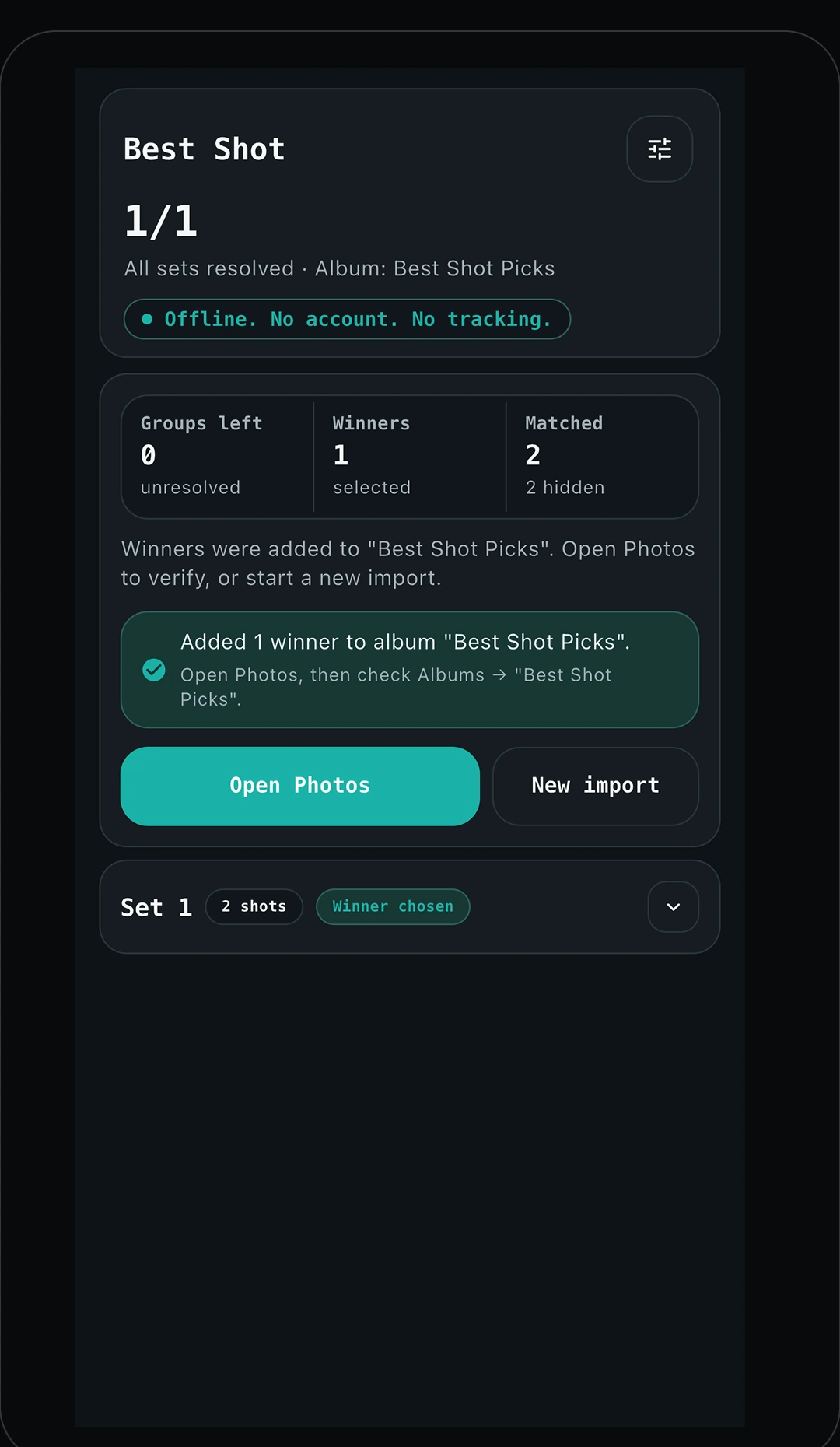 Best Shot export screen showing winners added to a Photos album.