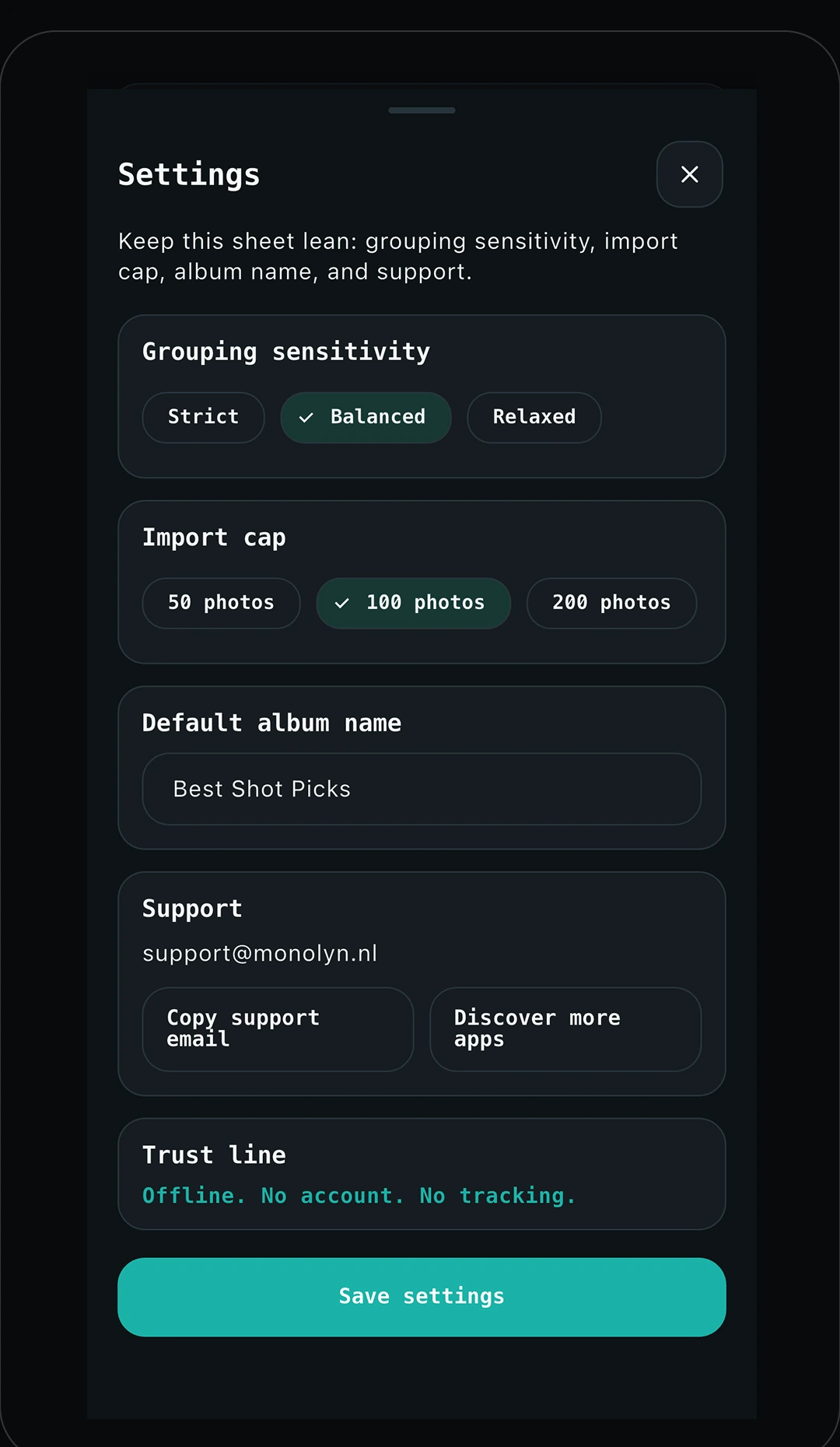 Best Shot settings screen highlighting on-device processing, no account, and no cloud upload.