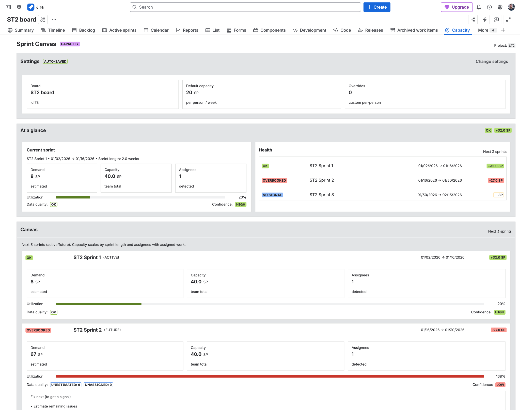 Sprint Canvas for Jira inside Jira project navigation, showing the Capacity tab, current sprint signal, health, and the next 3 sprint capacity canvas.